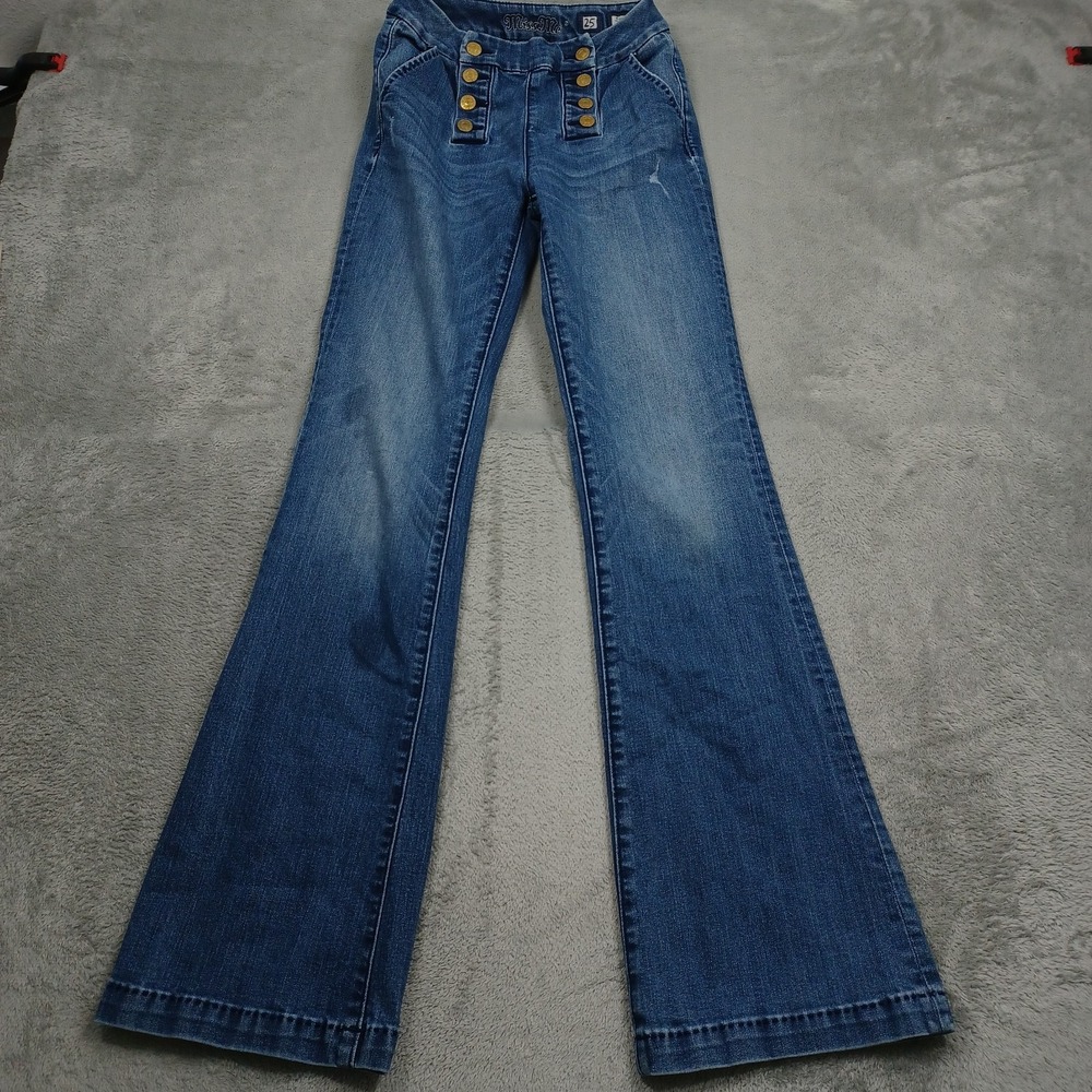 Miss Me Jeans Womens 25 Blue Denim Wide High Rise Sailor Snap Button Distressed